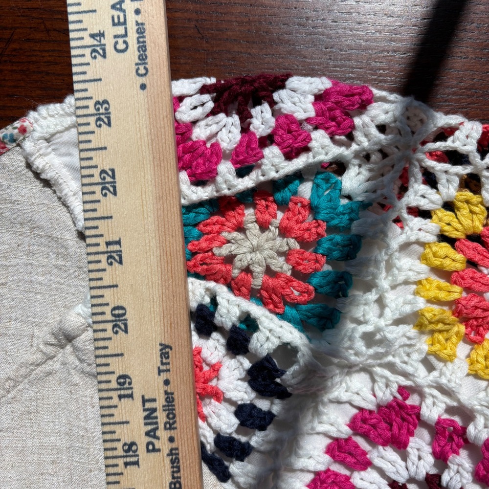 Umgee Linen Blend Crochet Boho Granny Square Sleeve Blouse Top Tan Multi L A0382 - Picture 11 of 12